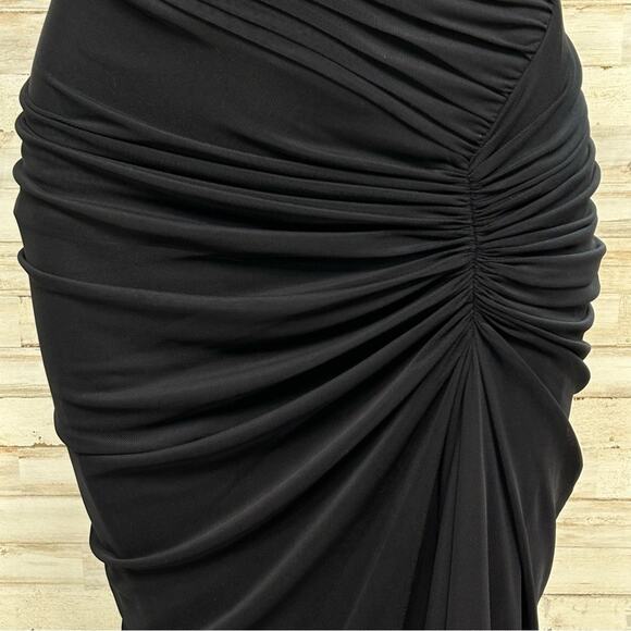 Tadashi Shoji Bandage Mesh Ruched Cocktail Dress Size S Black Asymmetrical Neck - Picture 4 of 16